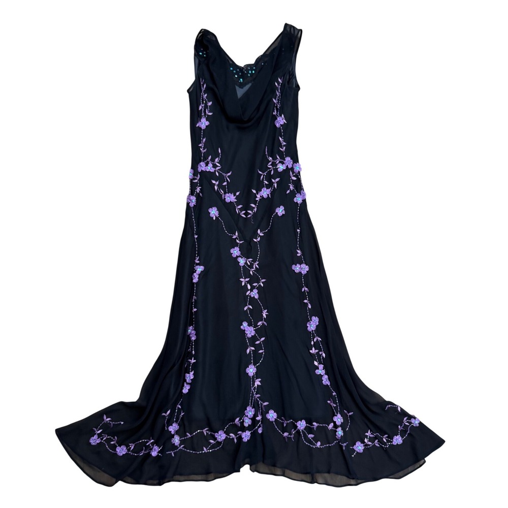 Vintage Black 100% Silk 3D Floral Embroidered Evening Gown maxi Dress 8 fairy